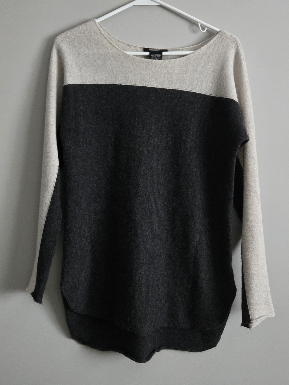 100% Cashmere Lord & Taylor Two-Tone Crewneck Sweater in Light Gray and Charcoal
